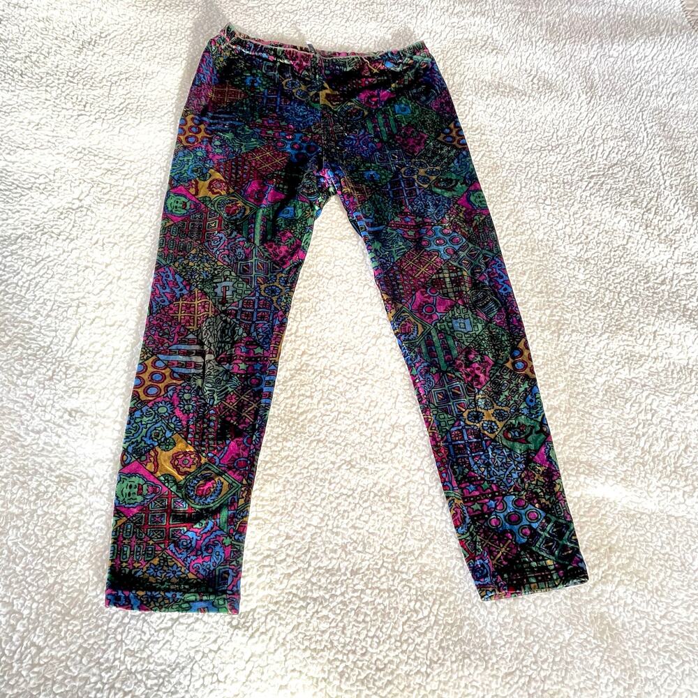 Vintage Ymaginer Patchwork Blue Velvet Leggings Made in France 90s Trippy Print